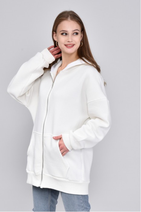 Kadın Beyaz Fermuarlı Kapüşonlu Oversize Sweatshirt