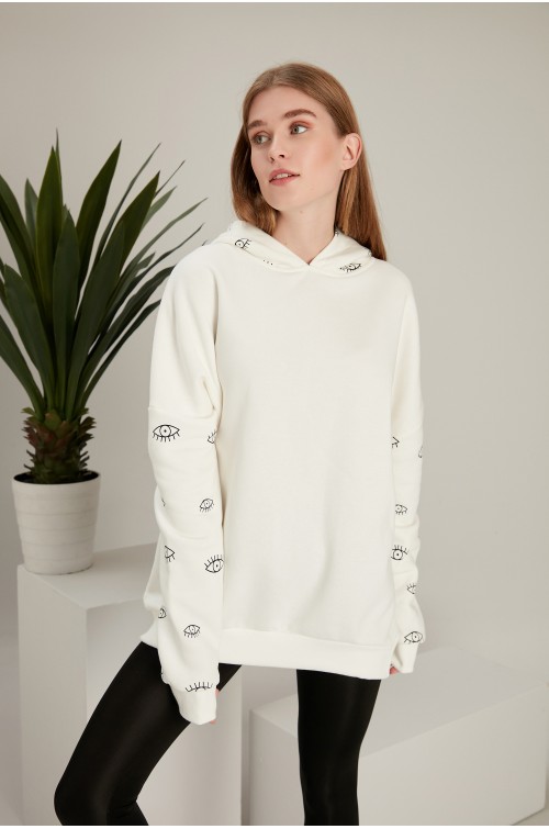 Kadın Beyaz Kapüşonlu Göz Desenli Oversize Sweatshirt