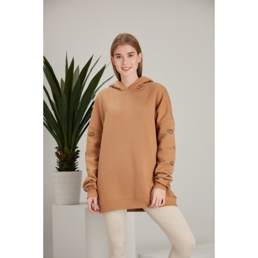 Kadın Camel Kapüşonlu Göz Desenli Oversize Sweatshirt