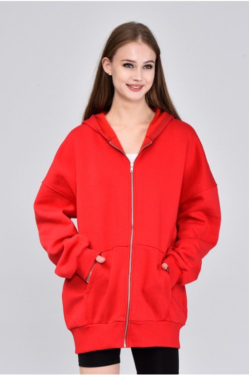 Kadın Kırmızı Fermuarlı Kapüşonlu Oversize Sweatshirt